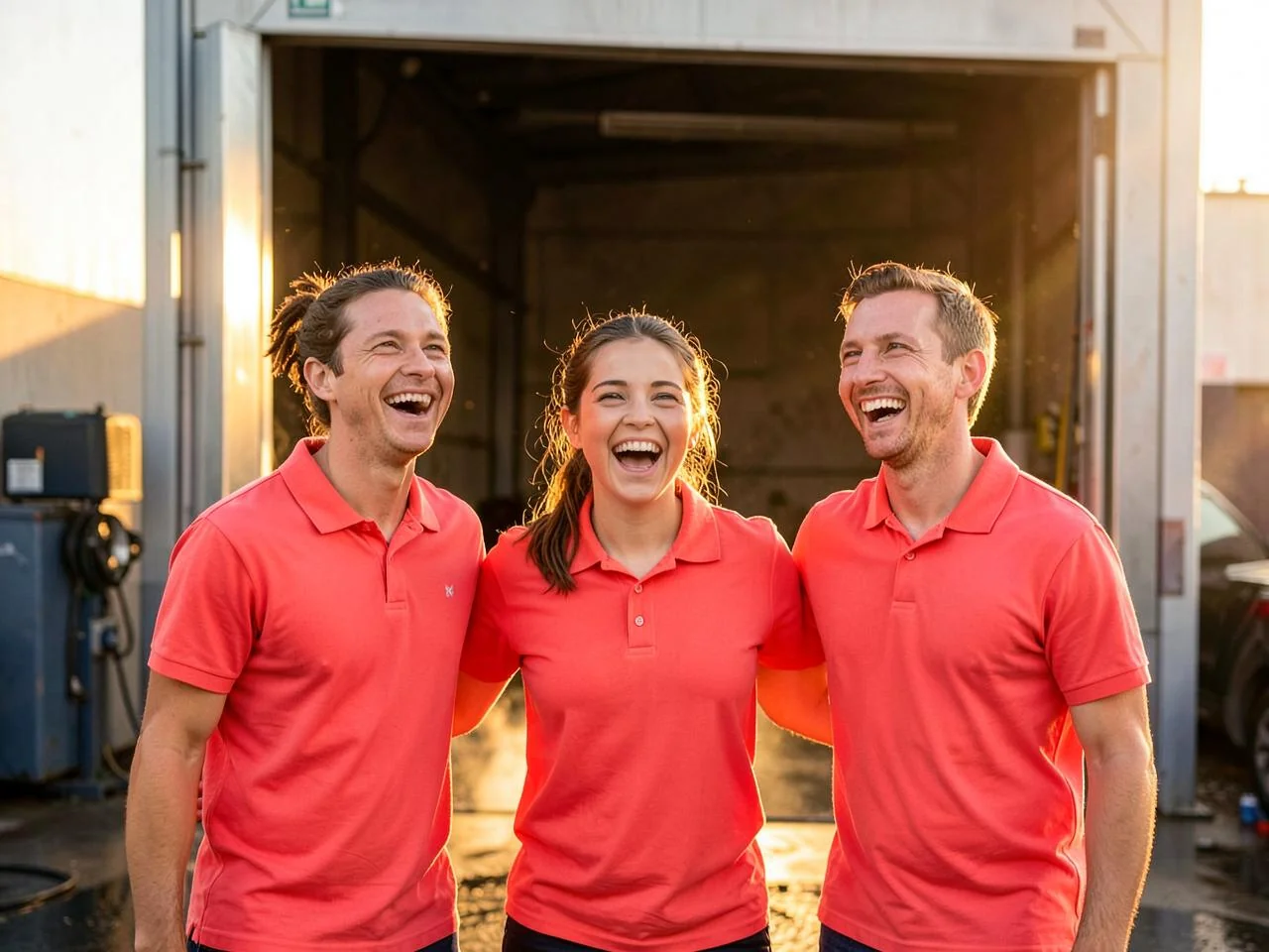 Sunshine crew members laughing together at the wash