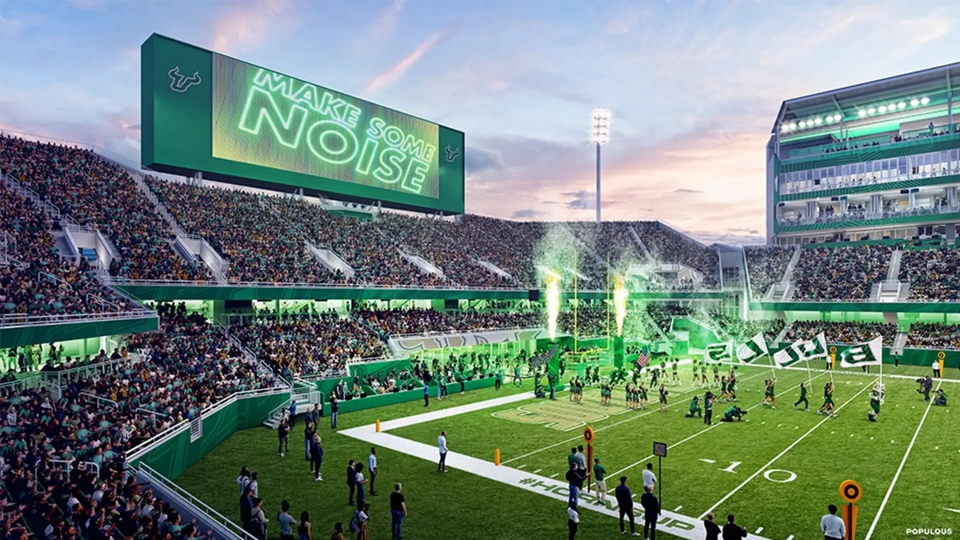 A packed USF football stadium under the lights