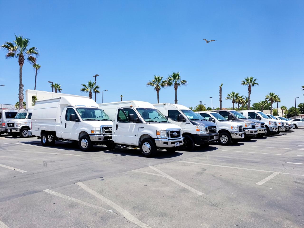 Company vehicles lined up after a wash
