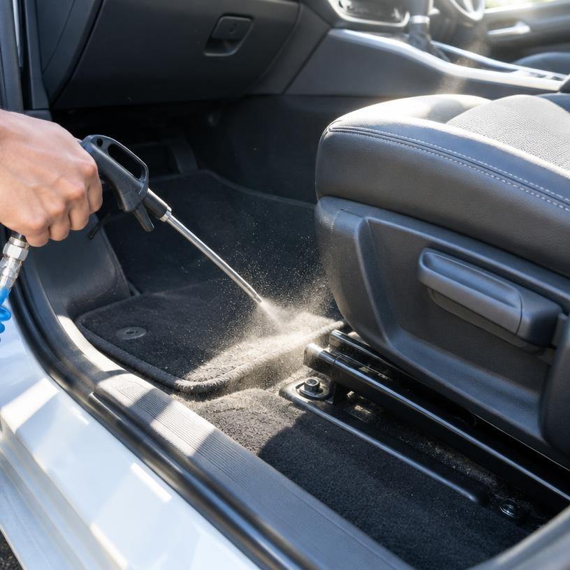 An air gun blowing dust out of the crevices of a car interior
