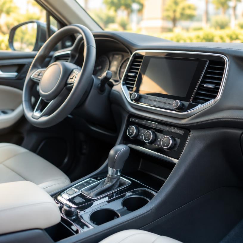 A spotless car dashboard and center console after a wipe-down