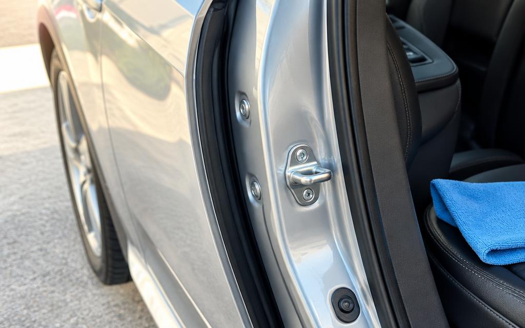 An immaculately detailed car door jamb with a microfiber towel nearby