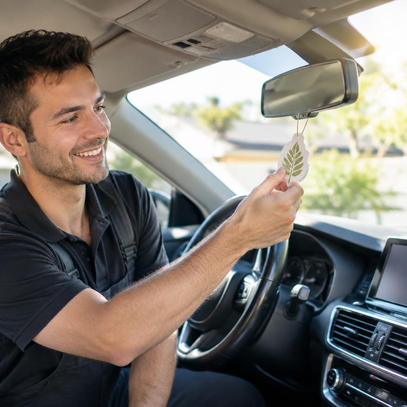 A smiling team member hanging a fresh air freshener on a car's rearview mirror