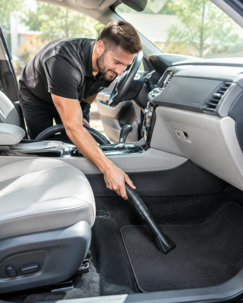 A Sunshine detailer vacuuming the clean carpet and floor mats of a car interior