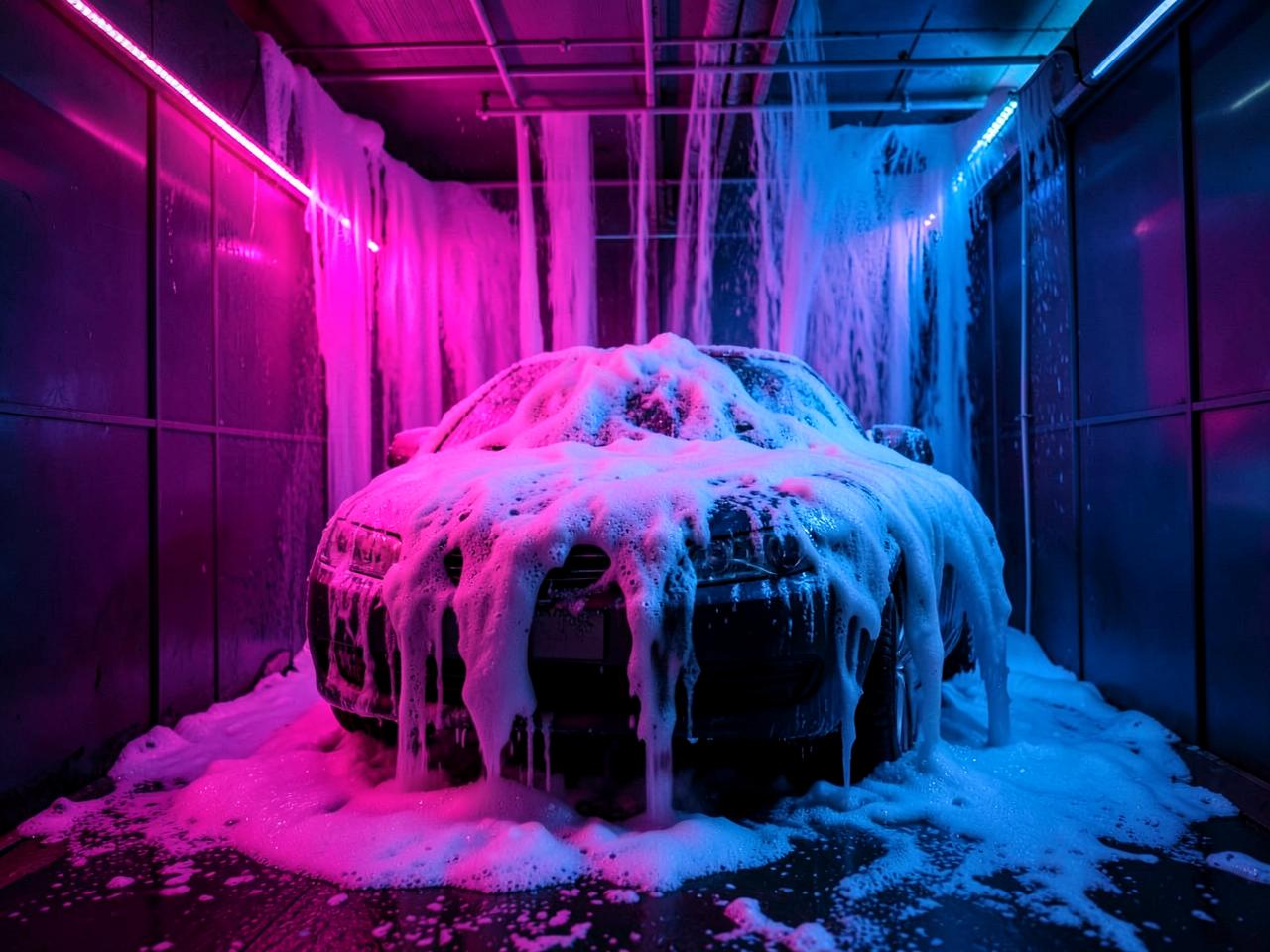 Colorful foam covering a car inside the wash tunnel