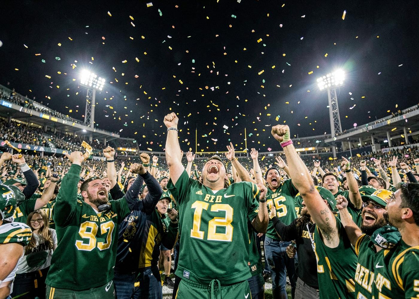 Football fans celebrating together under the stadium lights