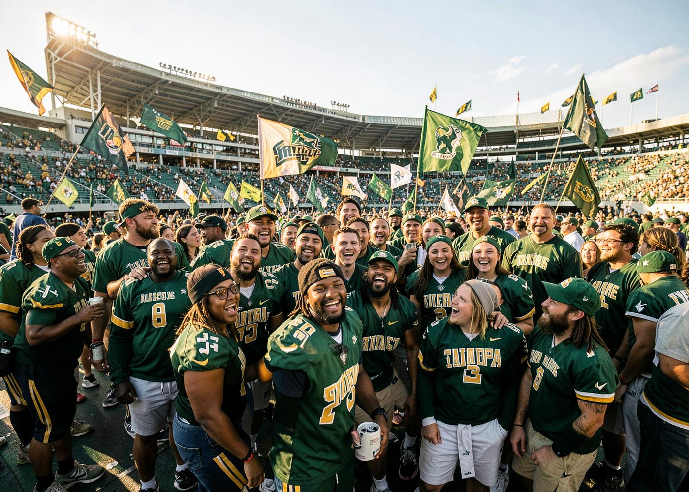 A crowd of green-and-gold football fans gathering before kickoff
