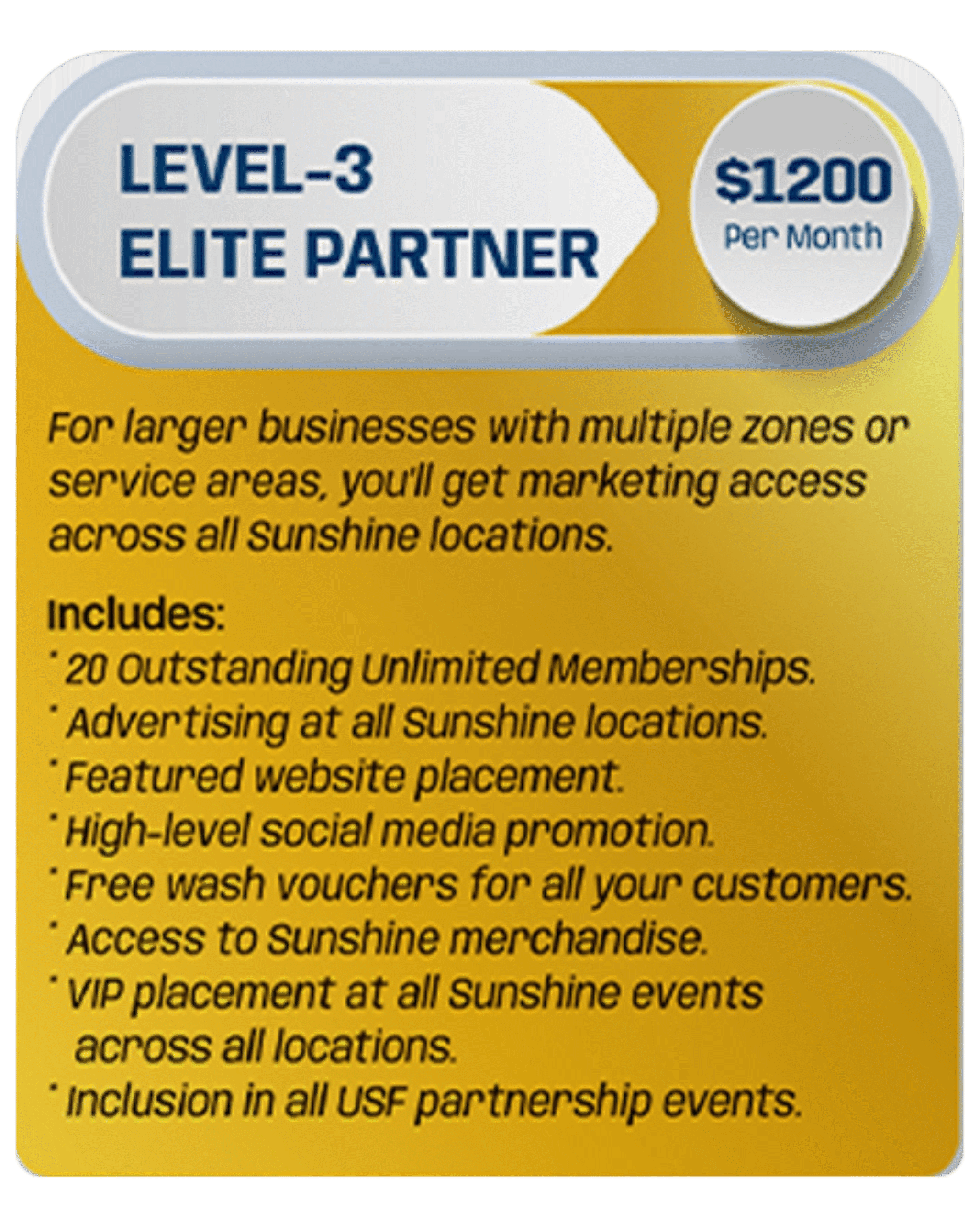 Level-3 Elite Partner plan card showing $1200/month pricing for larger businesses with multi-zone marketing access.