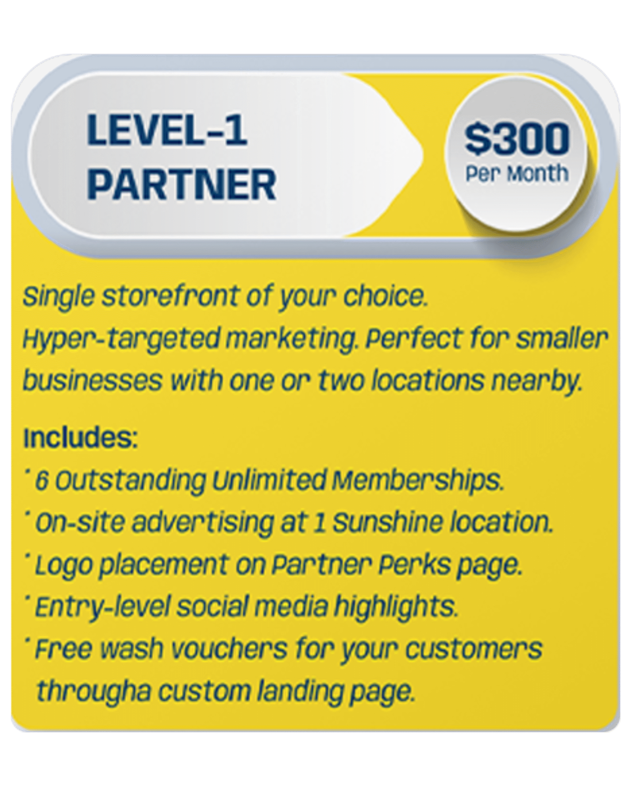 Level-1 Partner plan card showing $300/month pricing and benefits for a single storefront."
"Includes memberships, on-site advertising, logo placement, social media highlights, and customer wash vouchers.